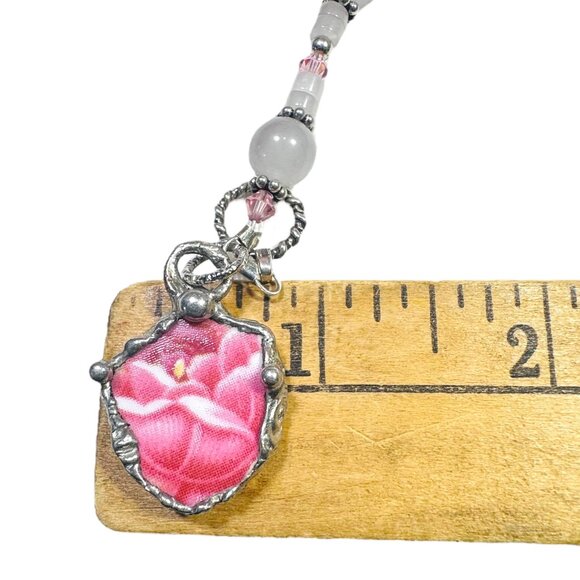 Vintage Pink Rose Quartz Bracelet W/ Upcycled Broken China Charm & 925 Toggle - Picture 14 of 15